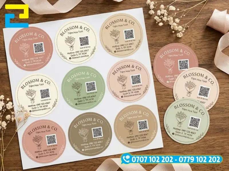 Thiết kế tem shop hoa thường gồm tên shop hoa hoàn chỉnh gồm logo, hotline đặt hàng và mã QR fanpage