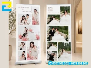 Mẫu standee cuốn nhôm dễ dàng kéo căng và thu gọn bạt in vào hộp